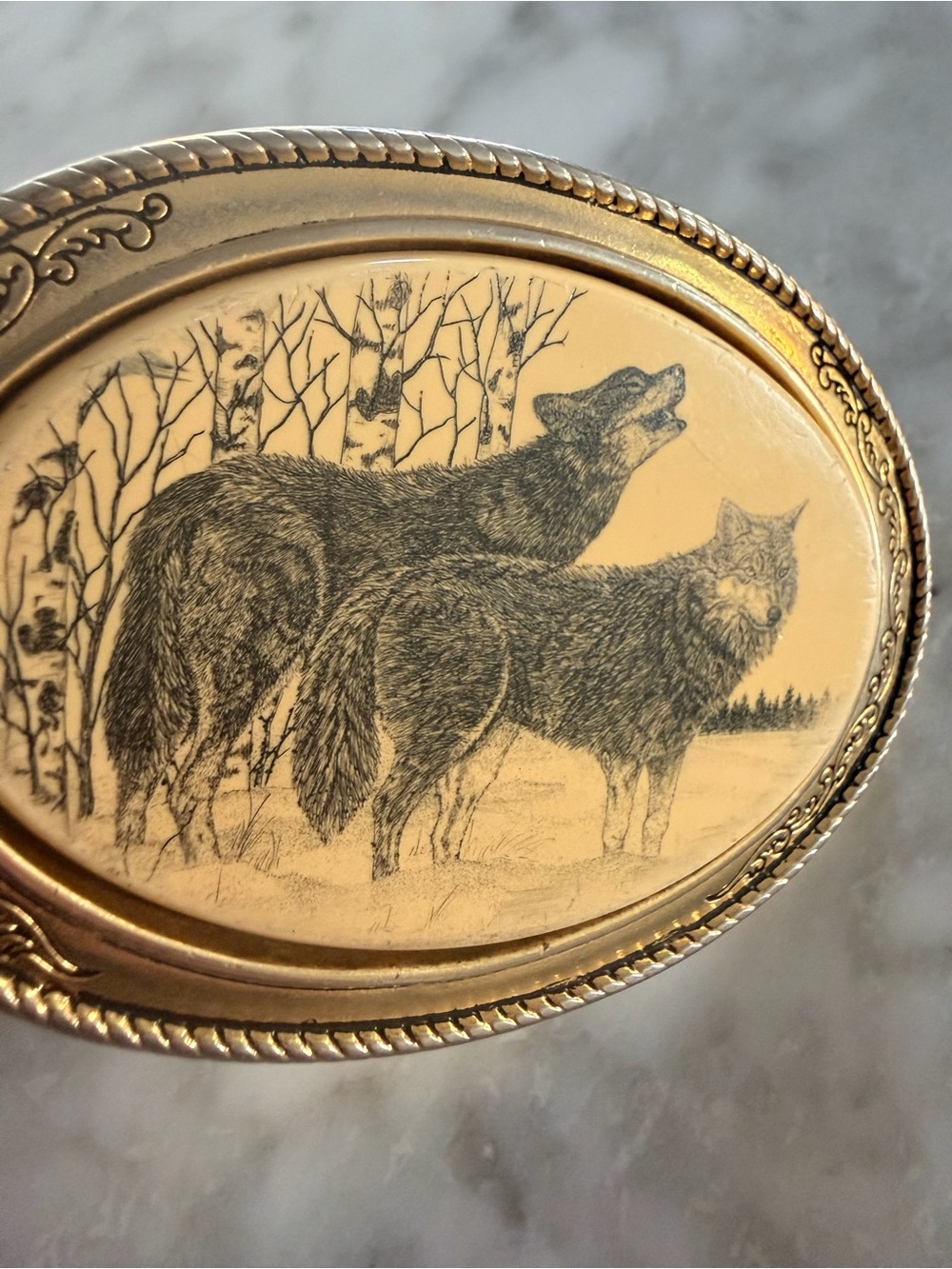 VTG belt buckle BARLOW USA Wolf Illustration western country cowboy wilderness